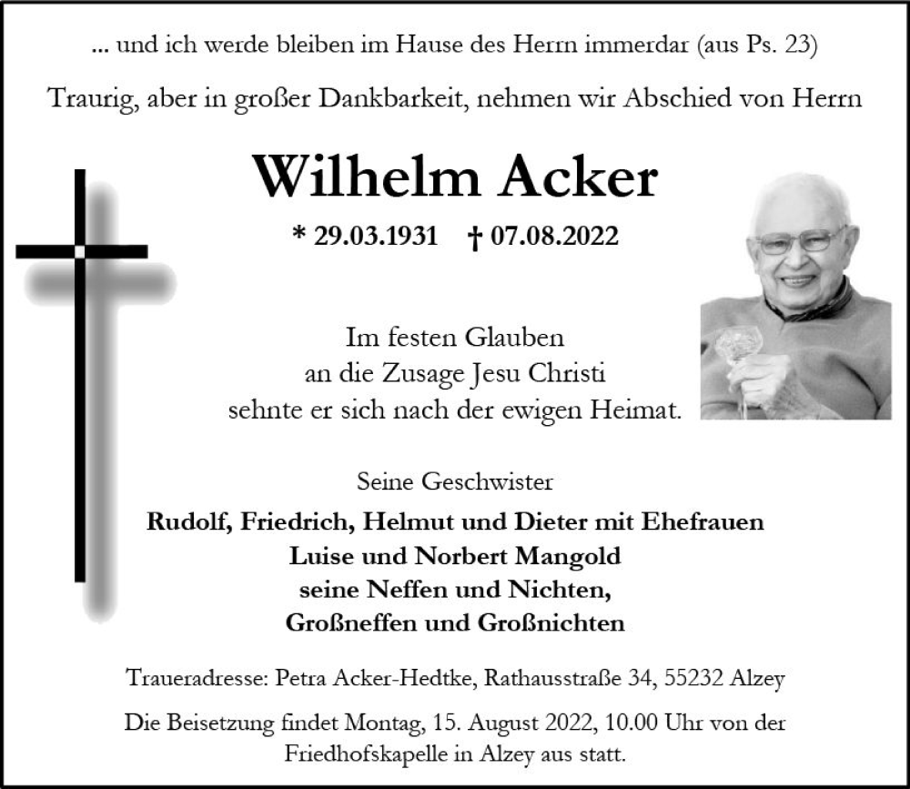  Traueranzeige für Wilhelm Acker vom 10.08.2022 aus vrm-trauer Allgemeine Zeitung Alzey