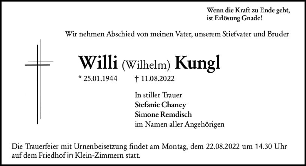  Traueranzeige für Wilhelm Kungl vom 18.08.2022 aus vrm-trauer DieburgerAnzeiger/Groß-Zimmerner Lokala