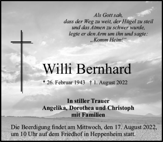 Traueranzeige von Willi Bernhard von vrm-trauer Bürstädter/Lamperth. Ztg/Starkenburger
