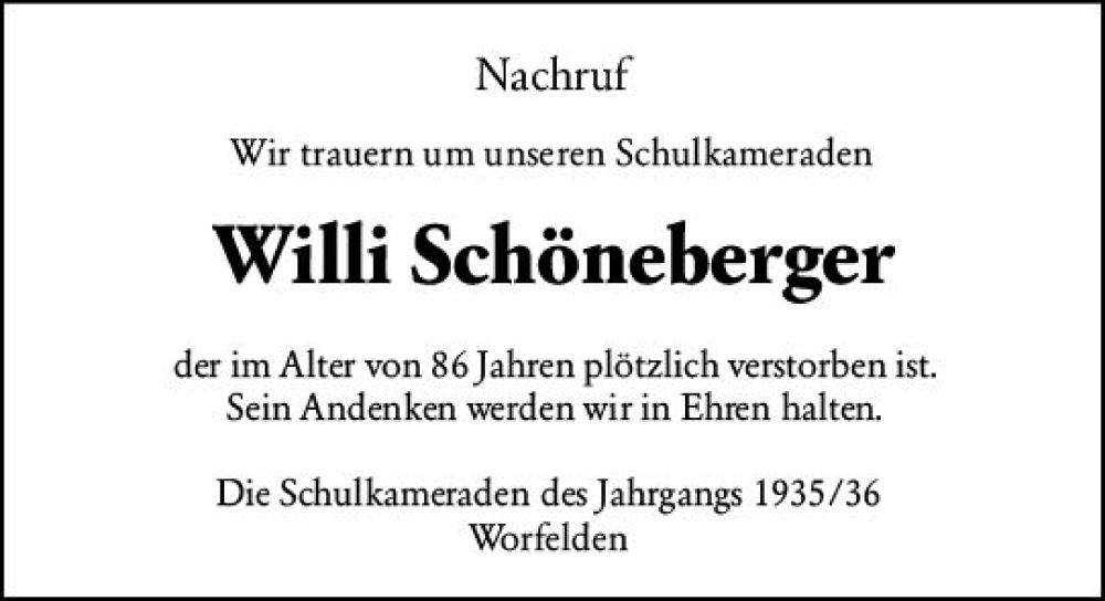 Traueranzeige für Willi Schöneberger vom 17.08.2022 aus vrm-trauer Groß-Gerauer Echo