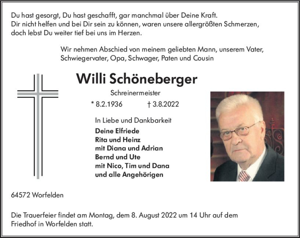  Traueranzeige für Willi Schöneberger vom 06.08.2022 aus vrm-trauer Groß-Gerauer Echo