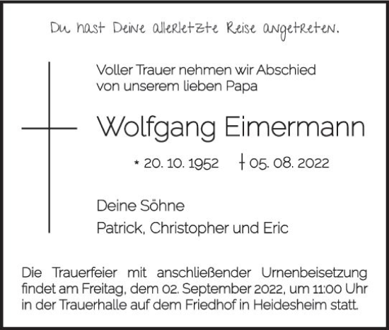 Traueranzeige von Wolfgang Eimermann von vrm-trauer Allgemeine  Zeitung Ingelheim-Bingen
