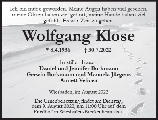 Traueranzeige von Wolfgang Klose von vrm-trauer Wiesbadener Kurier