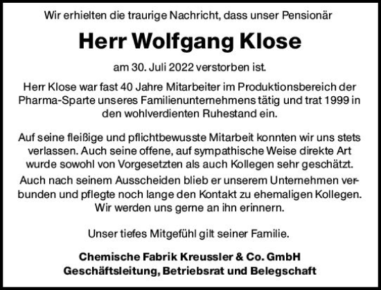 Traueranzeige von Wolfgang Klose von vrm-trauer Wiesbadener Kurier