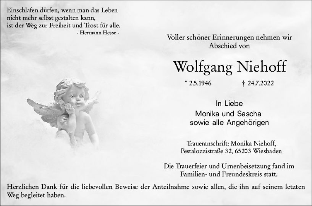  Traueranzeige für Wolfgang Niehoff vom 13.08.2022 aus vrm-trauer Wiesbadener Kurier