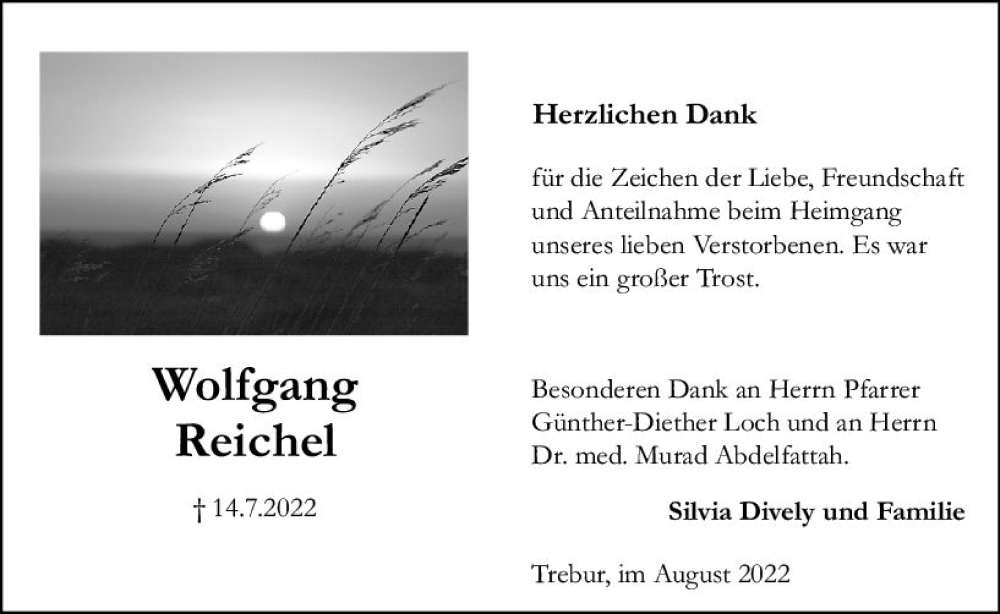  Traueranzeige für Wolfgang Reichel vom 20.08.2022 aus vrm-trauer Rüsselsheimer Echo / MainSpitze