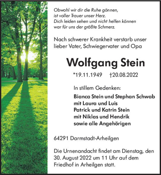 Traueranzeige von Wolfgang Stein von vrm-trauer Darmstädter Echo