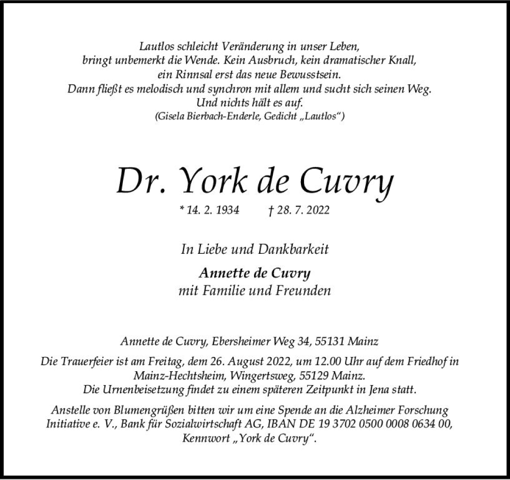  Traueranzeige für York de Cuvry vom 06.08.2022 aus vrm-trauer AZ Mainz