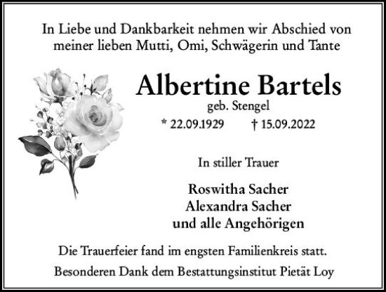 Traueranzeige von Albertine Bartels von vrm-trauer Wiesbadener Kurier