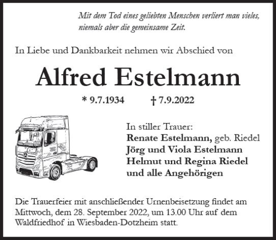 Traueranzeige von Alfred Estelmann von vrm-trauer Wiesbadener Kurier