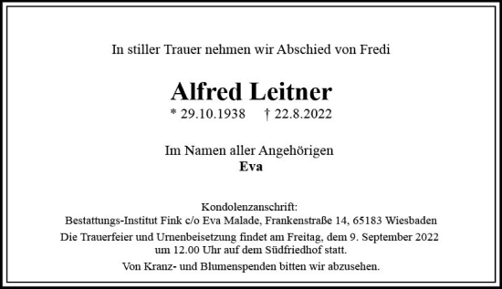 Traueranzeige von Alfred Leitner von vrm-trauer Wiesbadener Kurier
