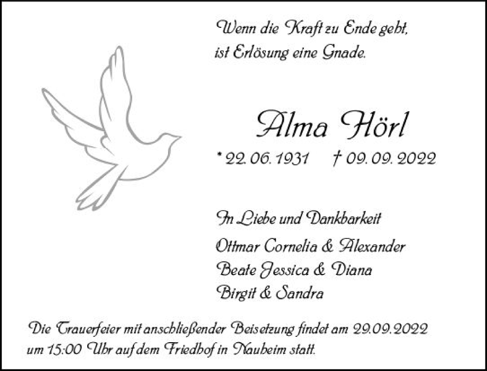  Traueranzeige für Alma Hörl vom 24.09.2022 aus vrm-trauer Groß-Gerauer Echo