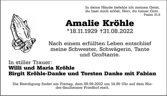 Traueranzeige von Amalie Kröhle von vrm-trauer Allgemeine Zeitung Alzey