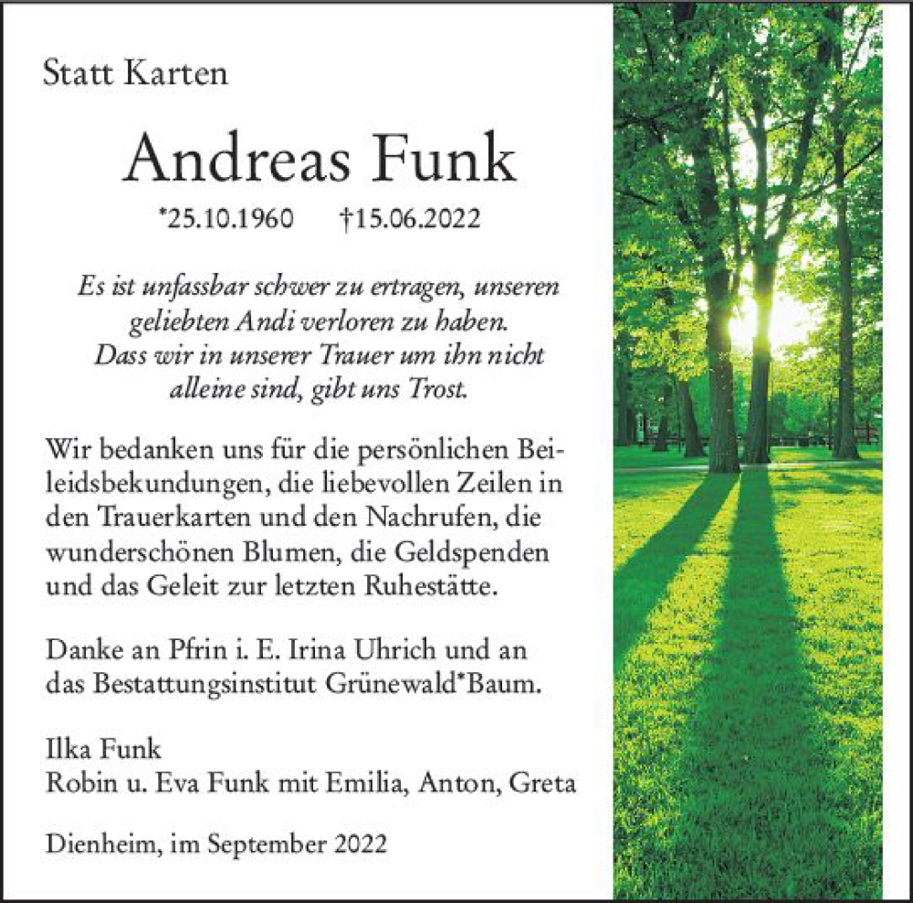  Traueranzeige für Andreas Funk vom 10.09.2022 aus vrm-trauer AZ Mainz
