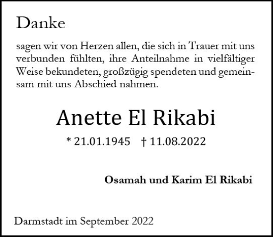 Traueranzeige von Anette El Rikabi von vrm-trauer Darmstädter Echo