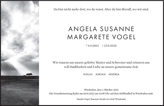 Traueranzeige von Angela Susanne Margarete Vogel von vrm-trauer Wiesbadener Kurier