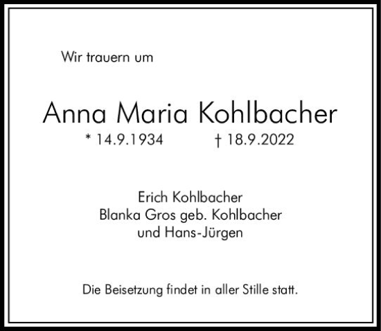 Traueranzeige von Anna Maria Kohlbacher von vrm-trauer AZ Mainz