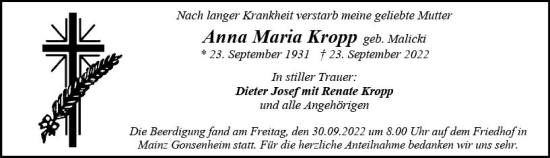 Traueranzeige von Anna Maria Kropp von vrm-trauer AZ Mainz