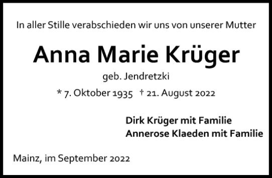 Traueranzeige von Anna Marie Krüger von vrm-trauer AZ Mainz