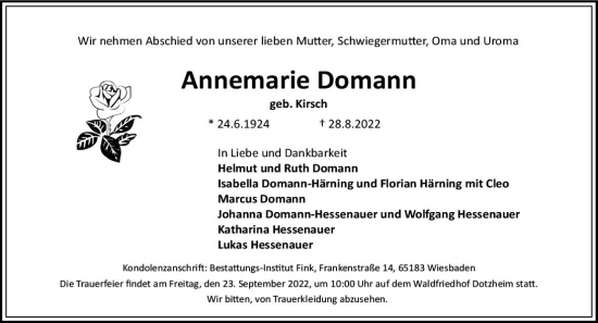 Traueranzeige von Annemarie Domann von vrm-trauer Wiesbadener Kurier