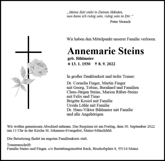 Traueranzeige von Annemarie Steins von vrm-trauer AZ Mainz