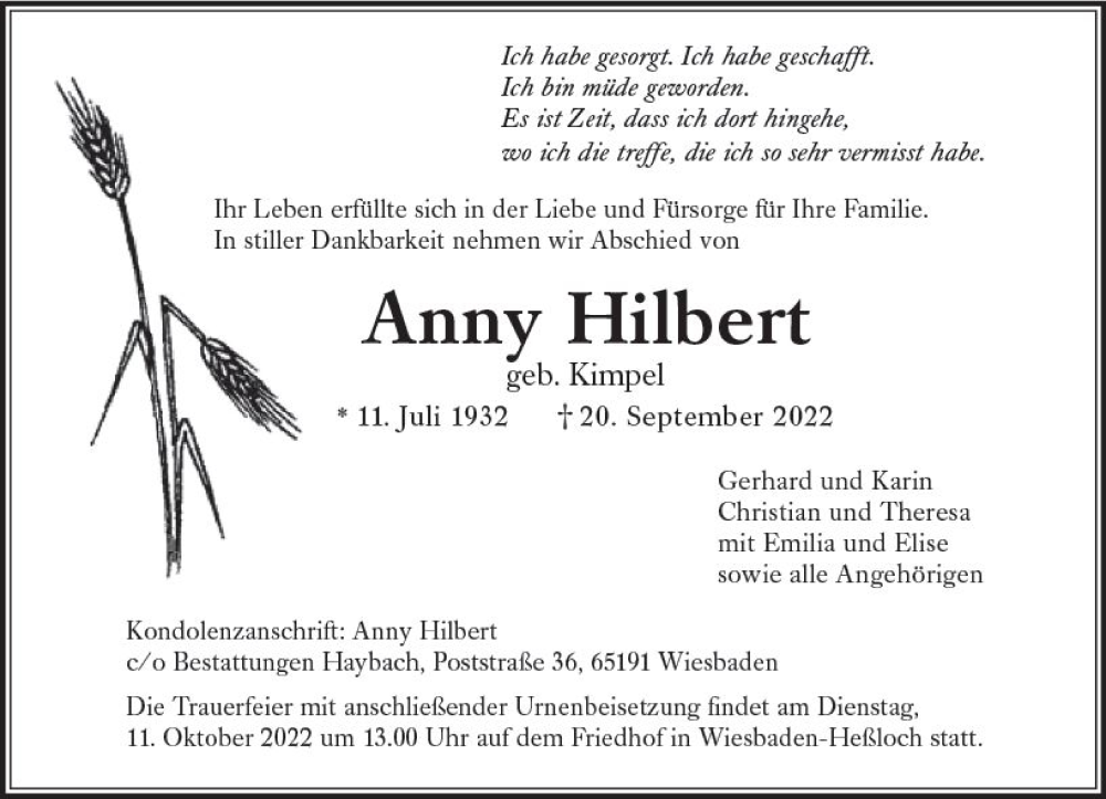  Traueranzeige für Anny Hilbert vom 01.10.2022 aus vrm-trauer Wiesbadener Kurier
