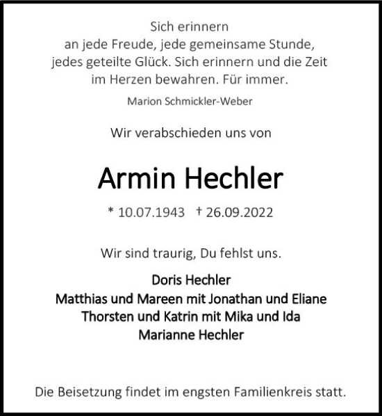 Traueranzeige von Armin Hechler von vrm-trauer Darmstädter Echo