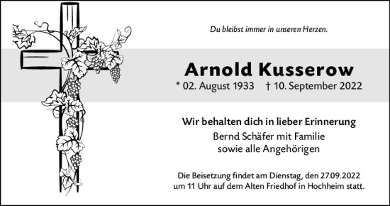 Traueranzeige von Arnold Kusserow von vrm-trauer Hochheimer Zeitung