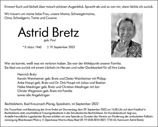 Traueranzeige von Astrid Bretz von vrm-trauer Allgemeine Zeitung Alzey