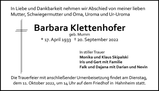 Traueranzeige von Barbara Klettenhofer von vrm-trauer AZ Mainz