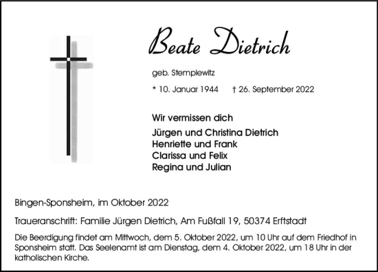 Traueranzeige von Beate Dietrich von vrm-trauer Allgemeine  Zeitung Ingelheim-Bingen