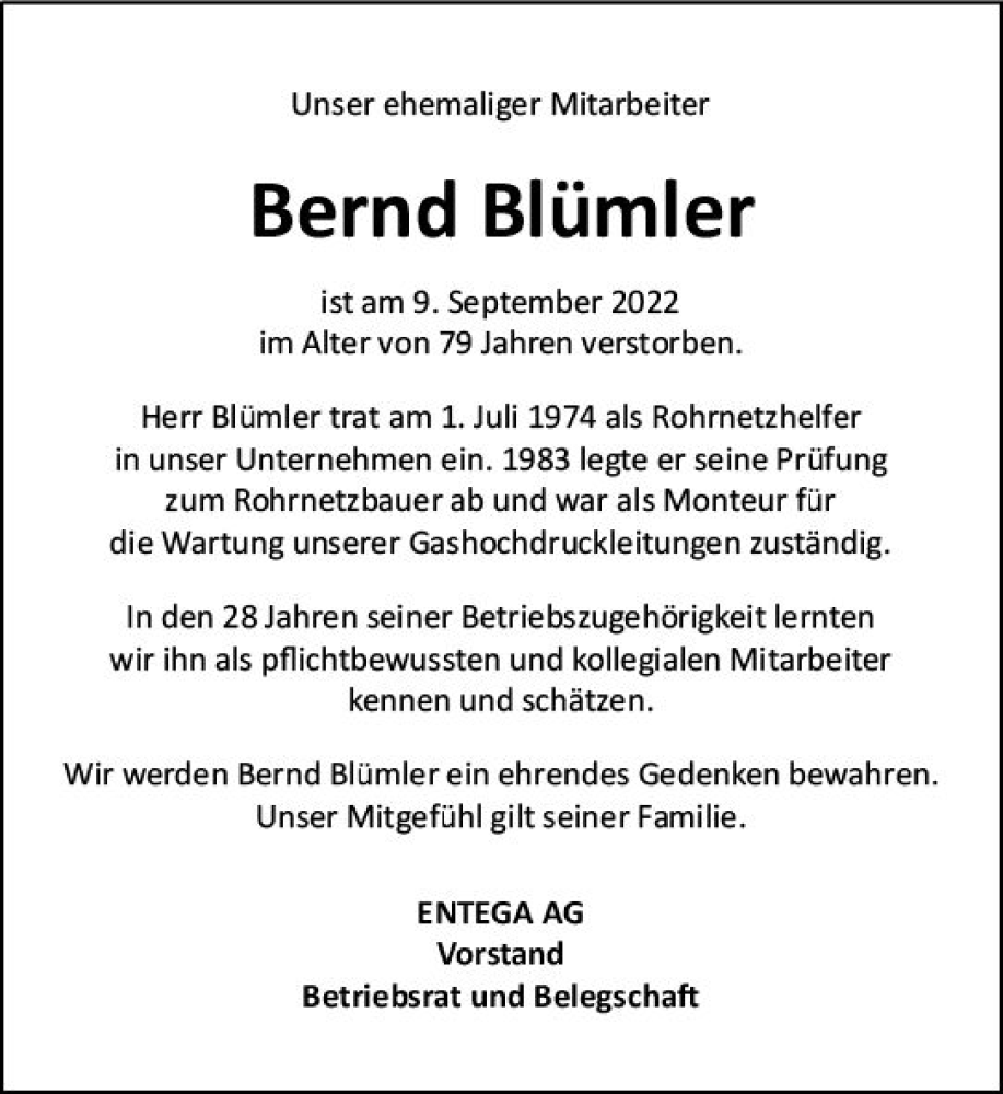  Traueranzeige für Bernd Blümler vom 01.10.2022 aus vrm-trauer Odenwälder Echo