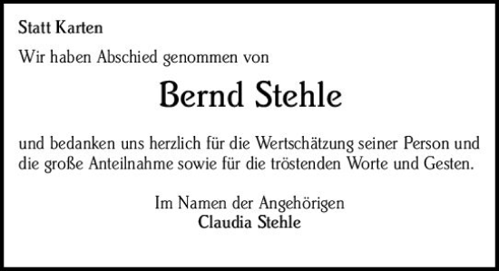 Traueranzeige von Bernd Stehle von vrm-trauer Darmstädter Echo