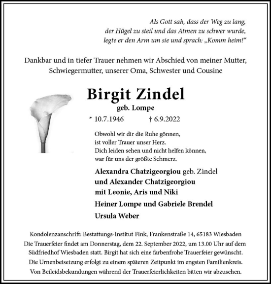 Traueranzeige von Birgit Zindel von vrm-trauer Wiesbadener Kurier