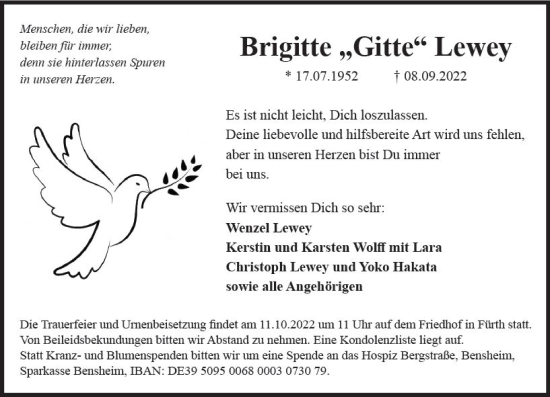 Traueranzeige von Brigitte Lewey von vrm-trauer Bürstädter/Lamperth. Ztg/Starkenburger