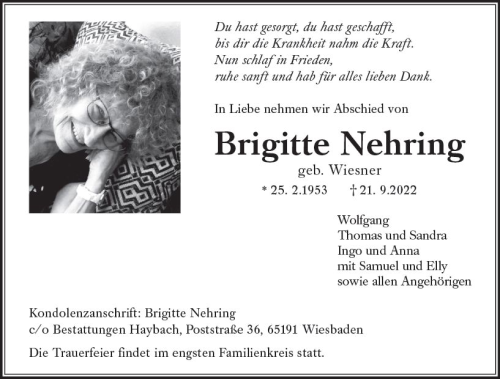  Traueranzeige für Brigitte Nehring vom 01.10.2022 aus vrm-trauer Wiesbadener Kurier