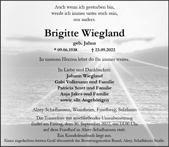 Traueranzeige von Brigitte Wiegland von vrm-trauer Allgemeine Zeitung Alzey