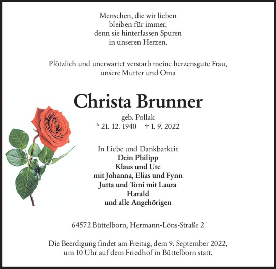 Traueranzeige von Christa Brunner von vrm-trauer Groß-Gerauer Echo