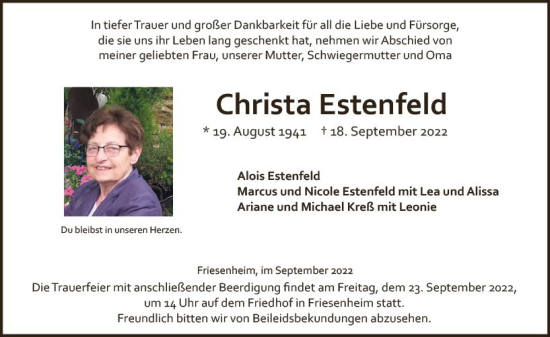 Traueranzeige von Christa Estenfeld von vrm-trauer AZ Mainz