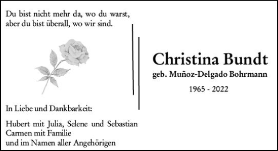Traueranzeige von Christina Bundt von vrm-trauer Wiesbadener Kurier