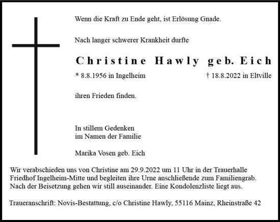 Traueranzeige von Christine Hawly von vrm-trauer Allgemeine  Zeitung Ingelheim-Bingen