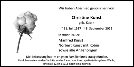 Traueranzeige von Christine Kunst von vrm-trauer Allgemeine  Zeitung Ingelheim-Bingen