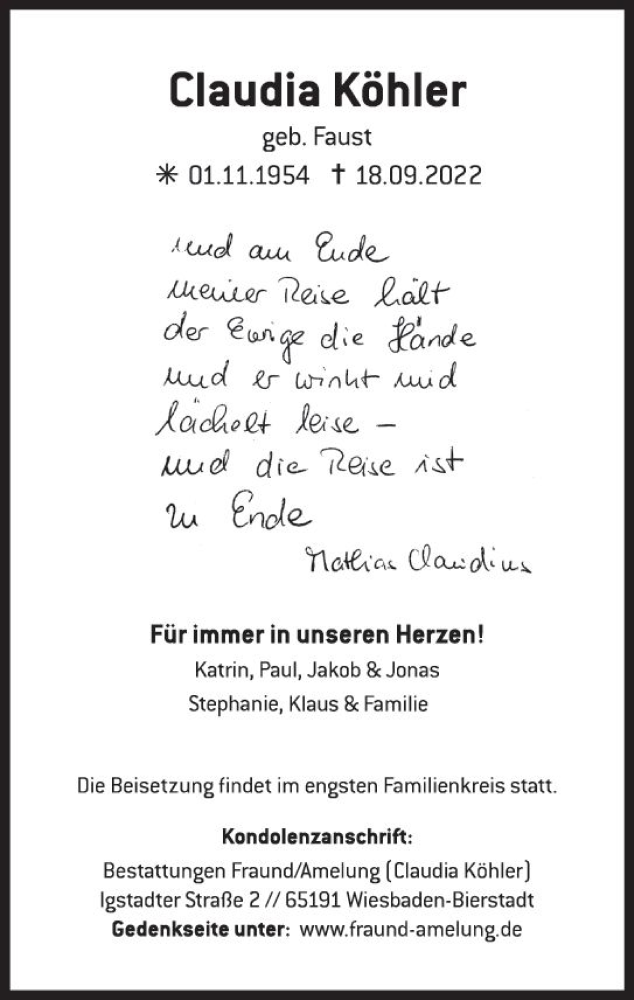  Traueranzeige für Claudia Köhler vom 01.10.2022 aus vrm-trauer Wiesbadener Kurier