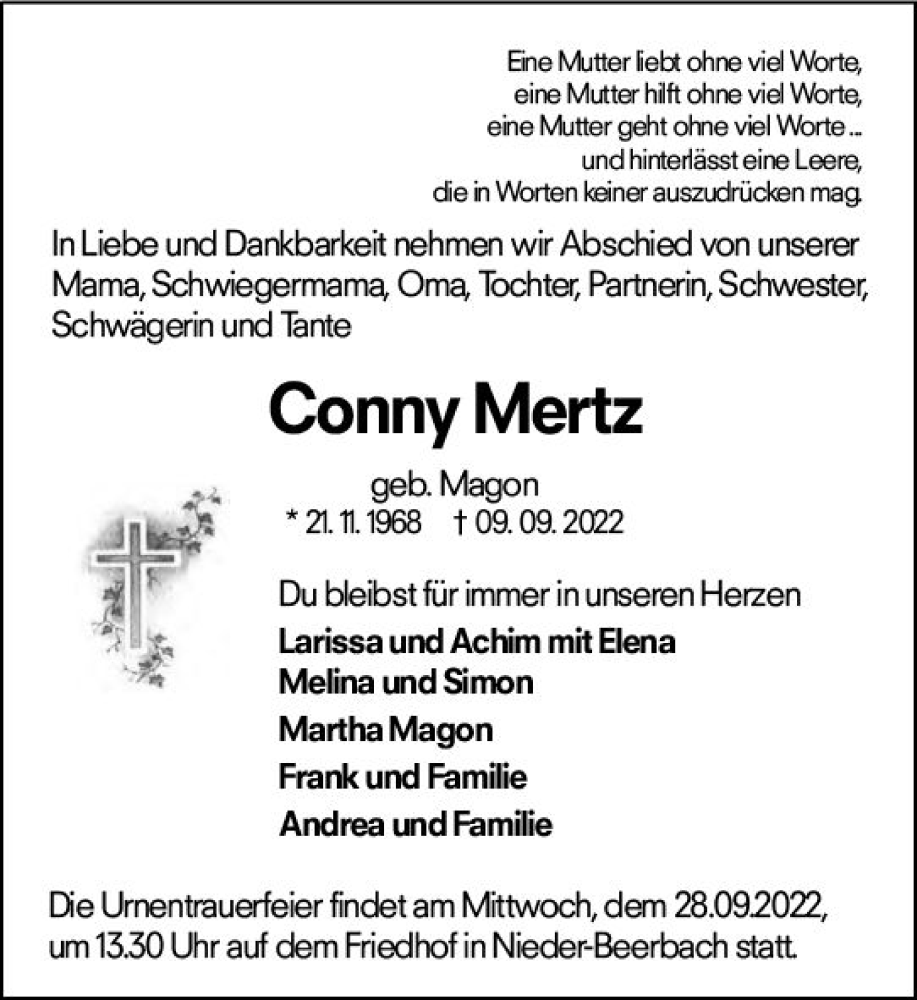 Traueranzeige für Conny Mertz vom 17.09.2022 aus vrm-trauer Darmstädter Echo