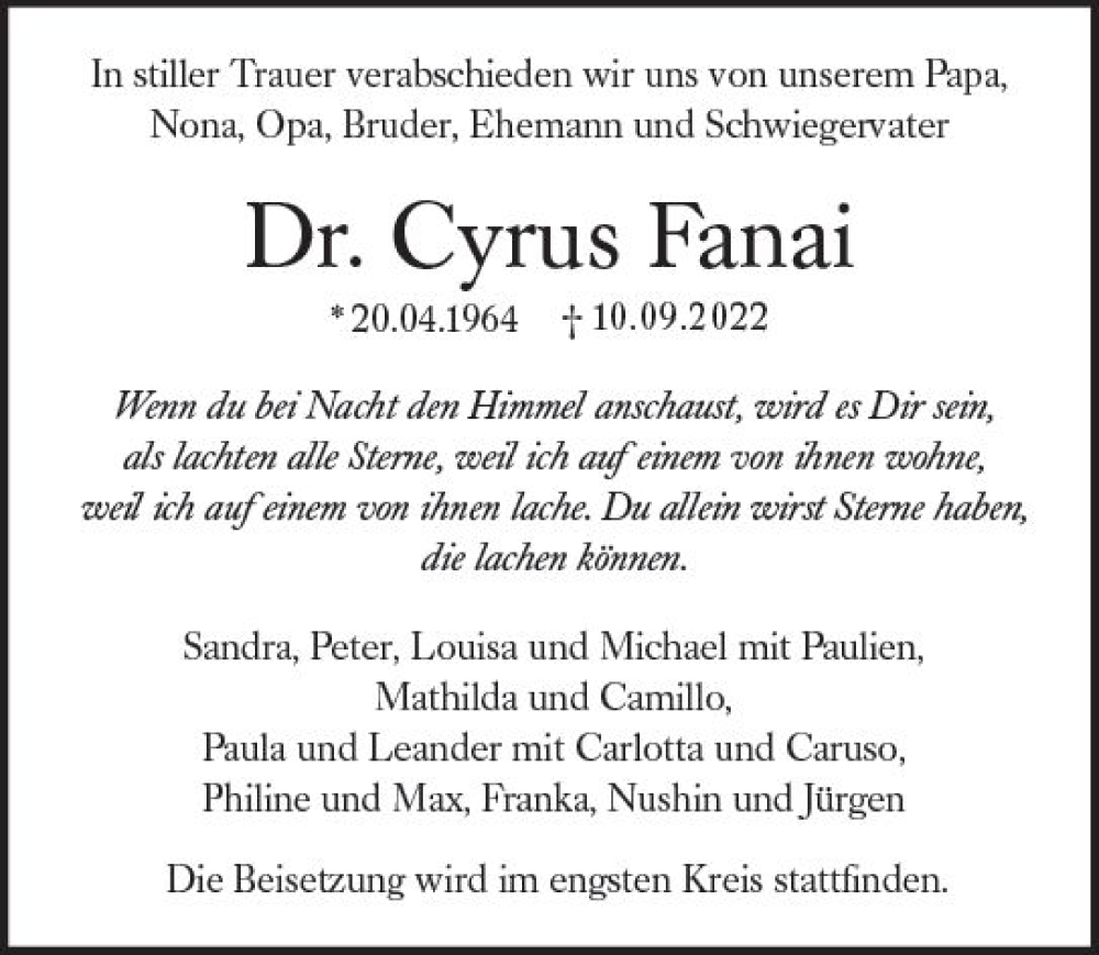  Traueranzeige für Cyrus Fanai vom 17.09.2022 aus vrm-trauer Wiesbadener Kurier