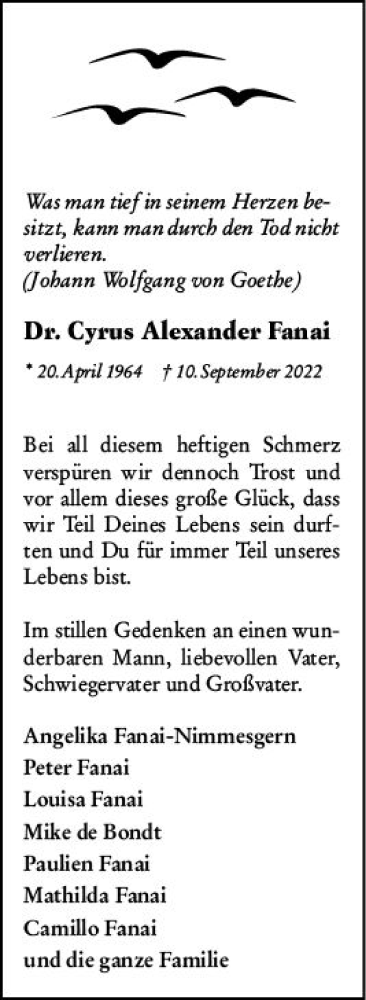 Traueranzeige von Cyrus Alexander Fanai von vrm-trauer Wiesbadener Kurier