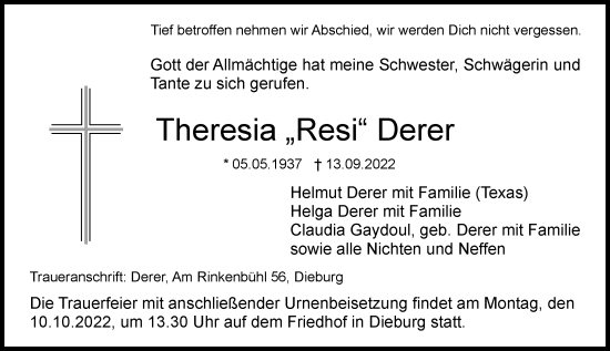 Traueranzeige von Theresia Derer von vrm-trauer DieburgerAnzeiger/Groß-Zimmerner Lokala
