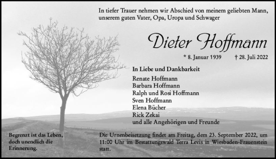 Traueranzeige von Dieter Hoffmann von vrm-trauer Wiesbadener Kurier