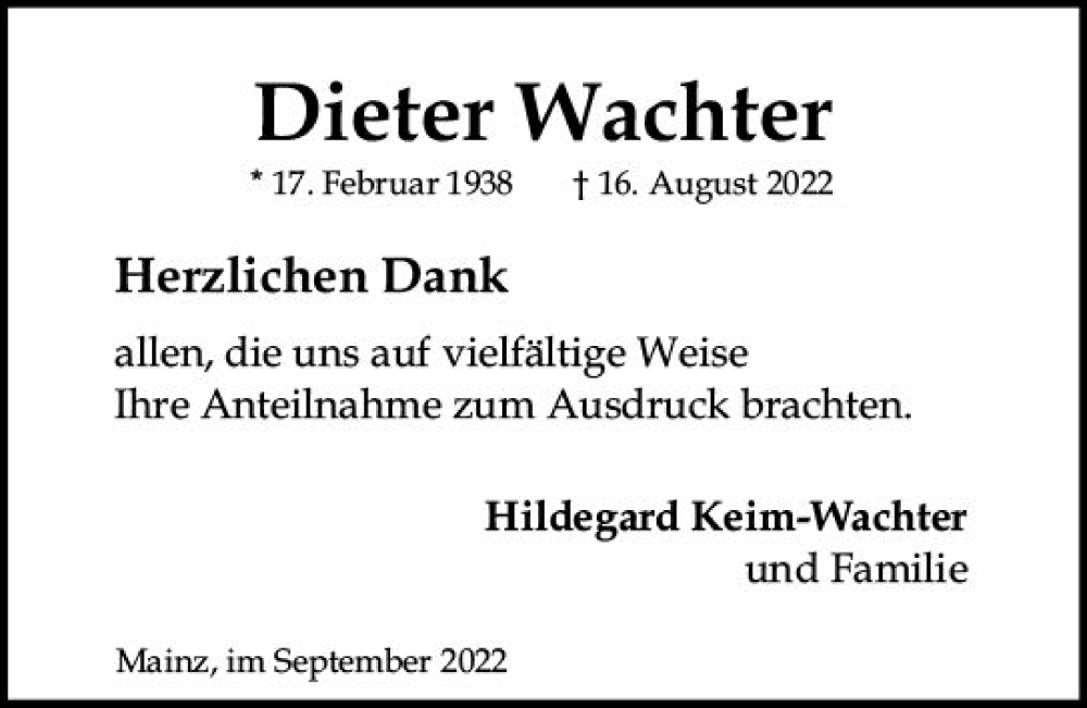  Traueranzeige für Dieter Wachter vom 17.09.2022 aus vrm-trauer AZ Mainz