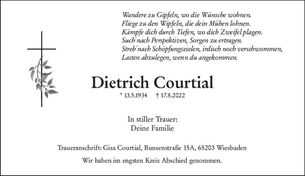  Traueranzeige für Dietrich Courtial vom 10.09.2022 aus vrm-trauer Wiesbadener Kurier